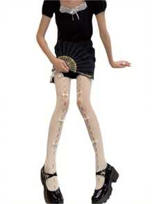 Women See-Through Pantyhose With Bow Knot Decors, Hollow Out Sheer Tights For Ladies - Nơ lớn màu trắng trên nền trắng - Xem 4