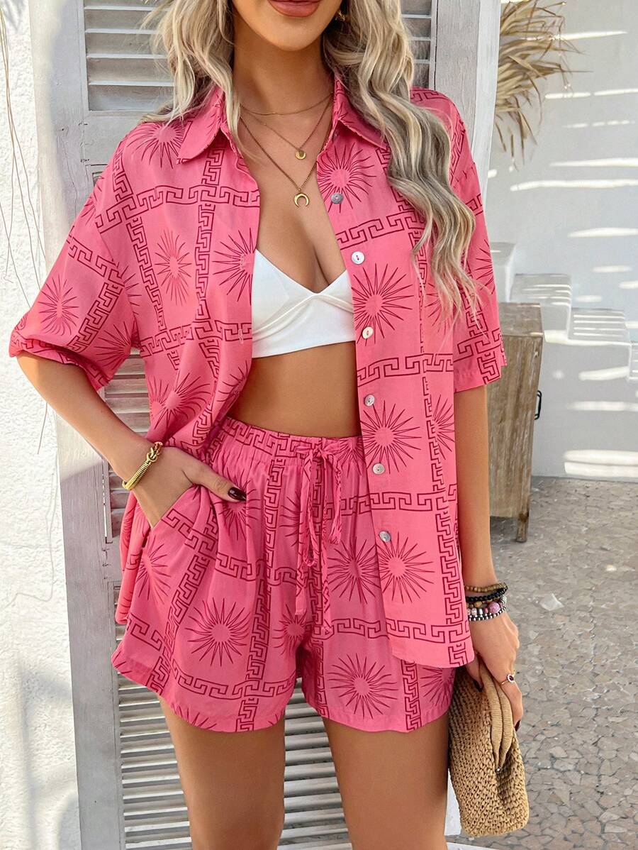 PoPoHouse Women's Two Pieces Summer Outfit, Bohemian Style Casual Fashion Clothing, Vacation Beach Set, Floral Patterned Short Sleeved Shirt And Shorts Set