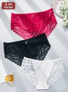 APRSEA 3 peças Calcinhas femininas plus size com emenda de renda elástica alta, estampa aleatória, renda de penas contrastantes, moda elegante, calcinhas femininas, macias, confortáveis, amigáveis à pele, roupa íntima plus size - Multicolorido - Ver 1
