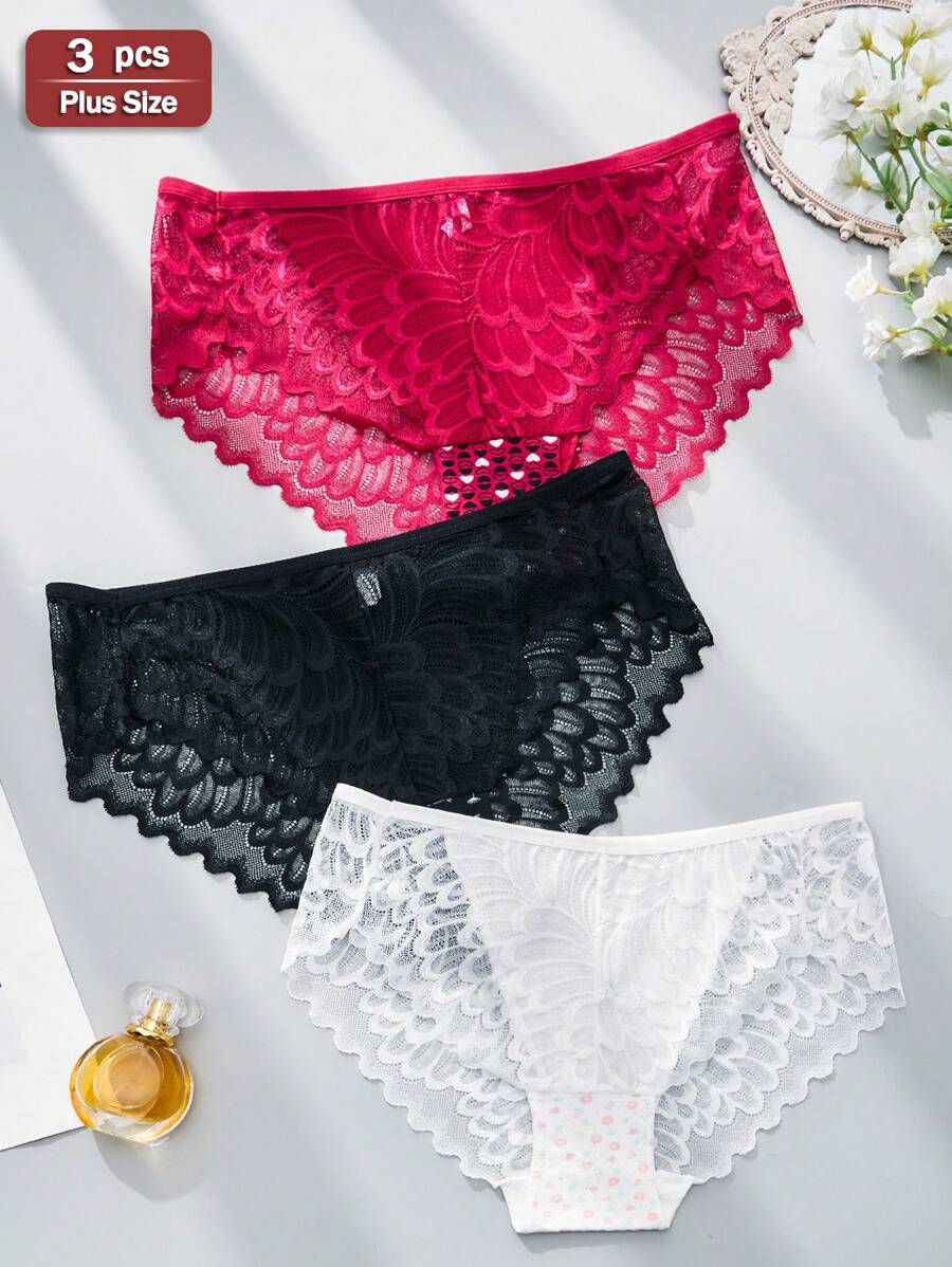 APRSEA 3 peças Calcinhas femininas plus size com emenda de renda elástica alta, estampa aleatória, renda de penas contrastantes, moda elegante, calcinhas femininas, macias, confortáveis, amigáveis à pele, roupa íntima plus size - Multicolorido - Ver 1