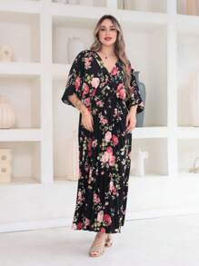 Vitoria Women's Midi Dress With Printed Button Short Sleeve Pleated - Negro - Ver 3