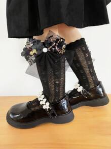 1 para dziewczęcych skarpetek z siateczki Pearl 3-warstwowej z kokardą w jednolitym kolorze