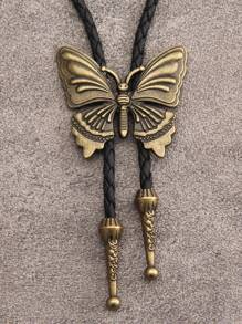 1pc Retro Bronze/Silver Butterfly Pendant Necklace, Casual Woven Black Leather Strap, For Men Gift - Butterfly - View 1