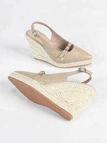 女士尖头厚底坡跟鞋，时尚度假厚底舒适高跟凉鞋，适合户外、派对，黑色 - 杏色 - 查看 7