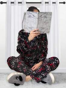 Classic Women's Plush Pajama Set With Beautiful Colors And Prints. Long-Sleeved Shirt With Round Neck. Straight Leg Pants, Natural Waist Fit With Elastic, Very Soft, Light, Warm And Pleasant Fabric, Ideal For Spring, Autumn And Winter. - 黑色 - 查看 4