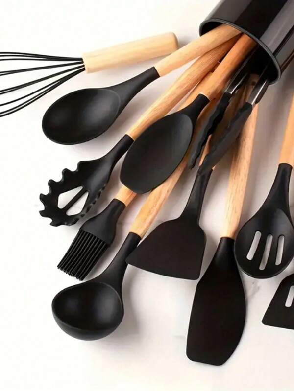 Utensílios de cozinha de silicone com cabos de madeira