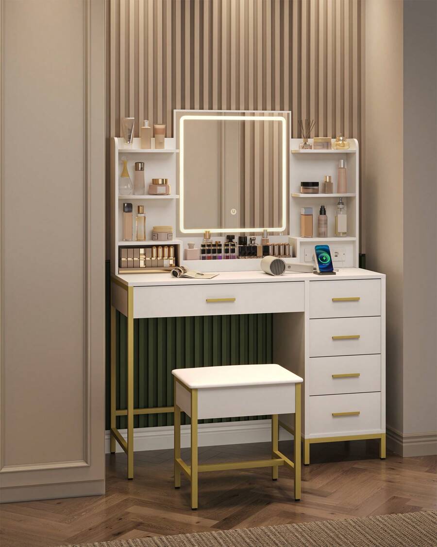 HaluPeit Dressing Table, With Padded Stool, HD Mirror, 5 Drawers, Open Storage Compartment, Modern Style, White-Gold - View 1