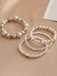 4pcs/Set Girls Bohemian Style Faux Pearl Beaded Bracelet Set, Minimalist Versatile Faux Pearl Fashion Jewelry