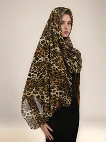 1pc Elegant Polyester Leopard Printed Shawl, Fashionable Chiffon Scarf For All Seasons - A - View 4
