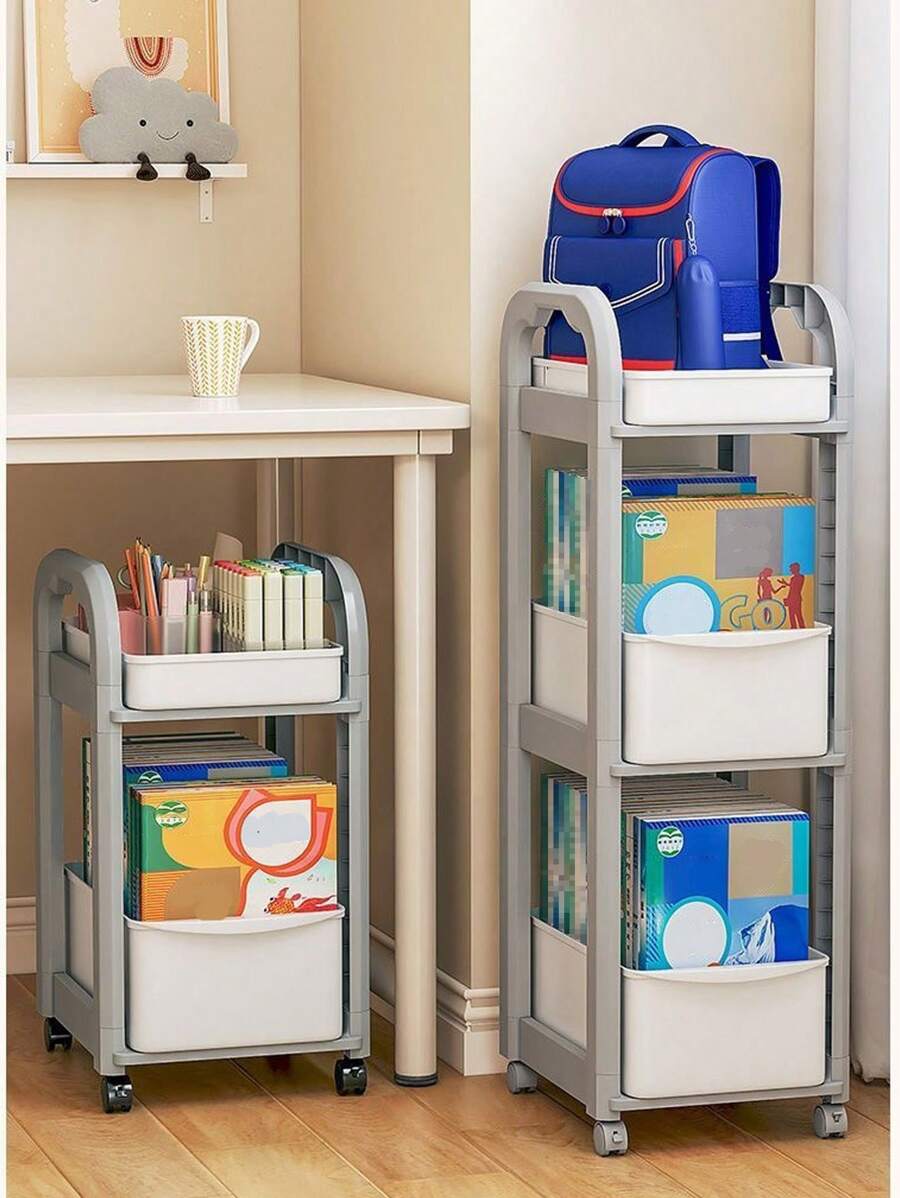 1pc 2/3/4层手推车收纳架 书包收纳架 学生课桌下移动书架 家用多层收纳架 宿舍手推车收纳架 家庭厨房移动收纳架 多层手推车收纳架组装方便，带活动轮胎可做多功能收纳柜、轮胎挂钩、厨房蔬菜、浴室衣物、学习书籍、客厅零食等收纳。