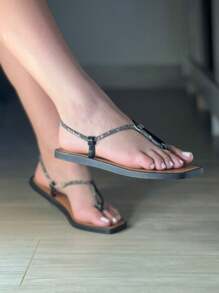 Chinelo Sandália Feminino Strass Com Elástico Lançamento Off - Preto - Visão 2