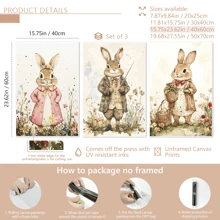 Conjunto de 3 obras de arte de pared con conejitos de Pascua, pinturas vintage de animales, pinturas cálidas y dulces de Pascua, carteles enmarcados en lienzo, decoración de granja y cabaña de primavera, decoración para dormitorio universitario y apartamento, regalos para decoración de paredes en hotel, hogar, sala de estar, dormitorio, baño y oficina