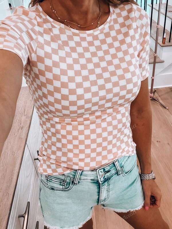 Acelitt Summer Color Blocking Checkerboard Printed Ribbed Slim Fit Round Neck Short Sleeved T-Shirt