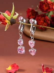 2pcs Pink Cubic Zirconia Heart, Butterfly, Rose Pattern Clip-On Fake Belly Button Rings, Stainless Steel Material, No Piercing Required, Suitable For Daily Wear, Valentine's Day Gift - Silvery - View 6