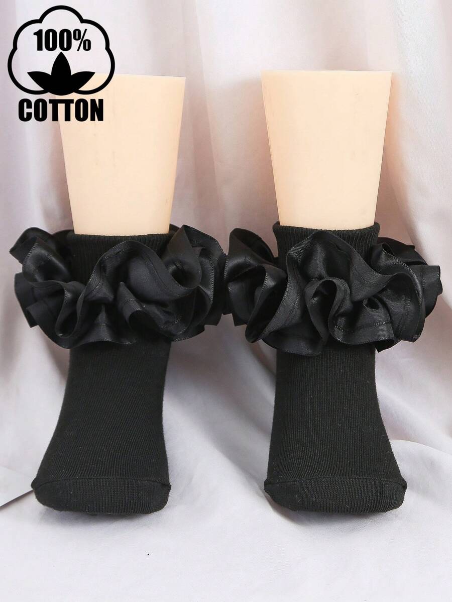 1 Pair Kids Girls' Princess Style Lace Trim Cotton Socks With Ruffle - Black - View 1