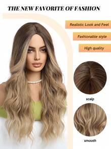 24英寸中分长卷发耐热合成纤维假发，女士假发，适合节日、派对和日常佩戴 - 金色 - 查看 3