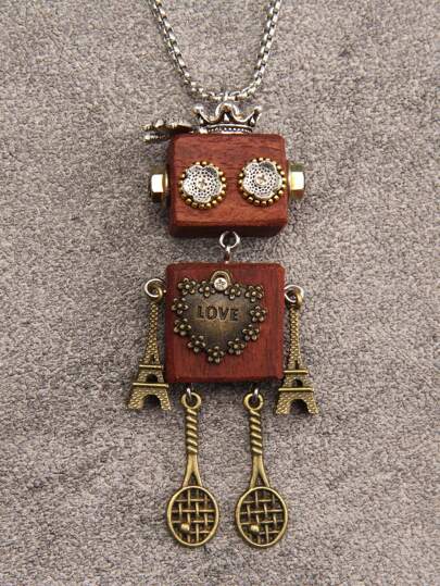 1pc Vintage Steampunk Gear Robot Alloy Pendant Necklace, Punk Style Long Chain For Men & Women, Jewelry Accessories, Random Wood Color