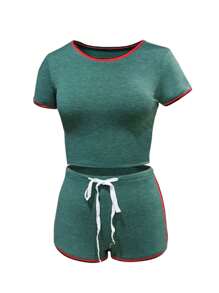 Women's 2 Pieces Sports Tracksuit Set, Short Sleeve Round Neck Top + High Waist Short Pants Sets - Green - View 2