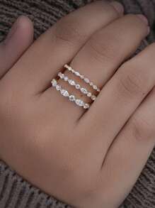 ESBERRY 1pc 2mm Horse Eye & Round Cut Wedding Ring, Semi-Eternity Ring, Semi-Circle Diamond Ring, Stackable Ring, Single Claw Set Wedding Ring - Gold - View 3