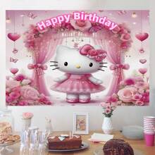 Sanrio 1 Decorazione per festa di compleanno di Sanrio KT Cat rosa con tema dell'amore, sfondo per banner, decorazione per festa a tema cartoni animati, arredamento per camera da letto, telo fotografico, accessori per cabina foto, 210 x 150 x 100 / 100 x 75 cm