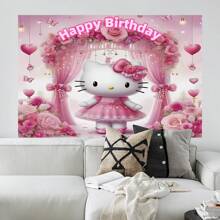 Sanrio 1 Decorazione per festa di compleanno di Sanrio KT Cat rosa con tema dell'amore, sfondo per banner, decorazione per festa a tema cartoni animati, arredamento per camera da letto, telo fotografico, accessori per cabina foto, 210 x 150 x 100 / 100 x 75 cm