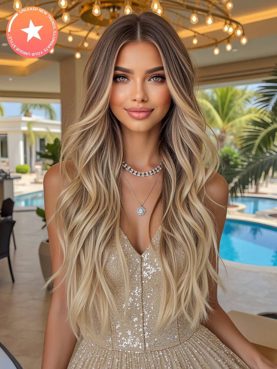 24英寸中分长卷发耐热合成纤维假发，女士假发，适合节日、派对和日常佩戴 - 金色 - 查看 1