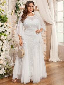 Elegant Sequin Floral Lace Butterfly Sleeve Chiffon Contrast Color Mesh Mermaid Hem Evening Maxi Dress, White Party Gown, Wedding Dress, Bridal Gown - White - View 11