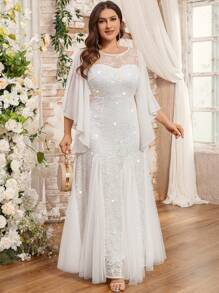 Elegant Sequin Floral Lace Butterfly Sleeve Chiffon Contrast Color Mesh Mermaid Hem Evening Maxi Dress, White Party Gown, Wedding Dress, Bridal Gown - White - View 10