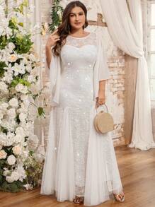 Elegant Sequin Floral Lace Butterfly Sleeve Chiffon Contrast Color Mesh Mermaid Hem Evening Maxi Dress, White Party Gown, Wedding Dress, Bridal Gown - White - View 12