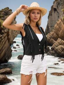 RELISH NOLESS Woman Spring Summer Outfits Country Concert Casual Vacation Western Wear Boho Suede Fringe Vest - Black - View 7