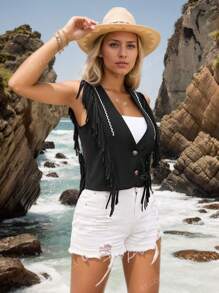 RELISH NOLESS Woman Spring Summer Outfits Country Concert Casual Vacation Western Wear Boho Suede Fringe Vest