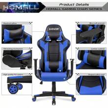 Homall Gaming Chair, Office Chair High Back Computer Chair Leather Desk Chair Racing Executive Ergonomic Adjustable Swivel Task Chair With Headrest And Lumbar Support (White) - Blue - View 8