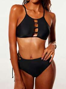 夏季纯色性感比基尼泳装，带交叉背带，海滩度假泳装