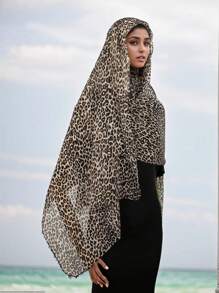 1pc Elegant Polyester Leopard Printed Shawl, Fashionable Chiffon Scarf For All Seasons - A - View 8