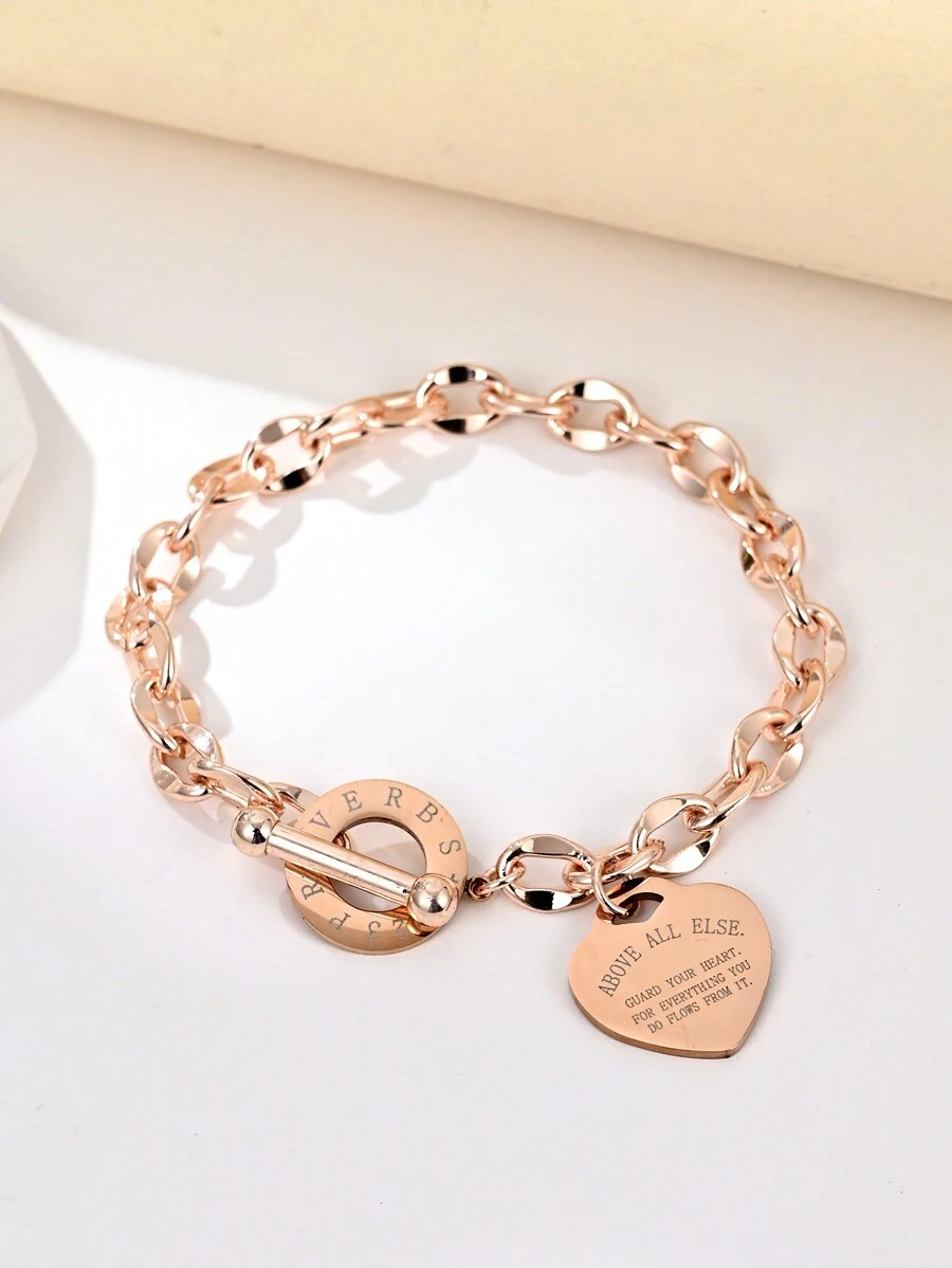 1 件女士不锈钢经典心形雕刻 O 形环唇链钛钢手链 - 玫瑰金 - 查看 1