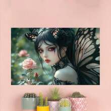 Framed Enchanting Fairy Wall Art, Black Wings, Red Eyes, Single Rose Feature, Dark Fairytale Aesthetic, Dreamy Canvas Decor, Unique Style - Frame - View 5