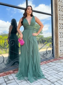 LONG PARTY DRESS FOR GODMOTHER WEDDING NECKLINE WATERFALL SKIRT - Olive Green - View 1