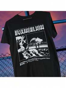 Evangelio Streetwear Street Cartoon T-Shirt Geek Otaku Style Unisex T-Shirt Men Women 100% Cotton Premium Top Streetwear New Arrival Various Colors!! Plus Size - 黑色 - 查看 2