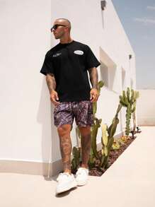 男士印花前系带口袋休闲短裤，日常穿着