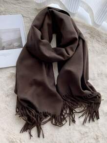 1 Stück Damen einfarbiger Fransen Kaschmir Schal/Umhang, Doppelnutzung, dick & warm, vielseitiger Herbst/Winter Halstuch für Kleider - Kamelfarben - Übersicht 8