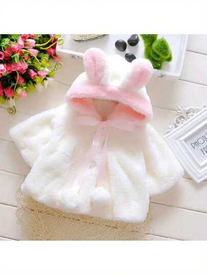 Abrigo de piel sintética para niña, con lazo y botones de perla, con capucha y orejas de conejo, chaqueta gruesa y cálida