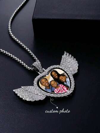 Customized Colorful Photo Hip-Hop Memory Angel Wings Reversible Love Picture Frame Pendant Necklace, Printed Picture Jewelry Exquisite Special Gift For Women's Best Friend Family Valentine's Day Accessories Valentines
