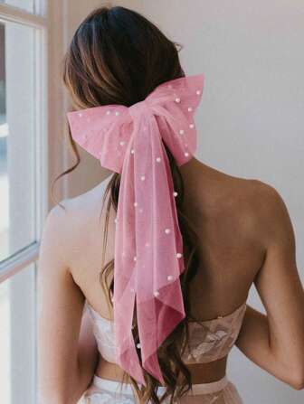 1 件粉色珍珠蝴蝶结头饰，简约新娘面纱摄影道具，复古伴娘发饰