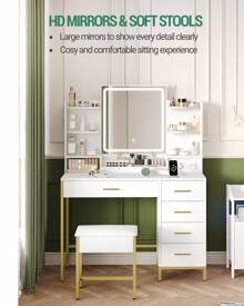 HaluPeit Dressing Table, With Padded Stool, HD Mirror, 5 Drawers, Open Storage Compartment, Modern Style, White-Gold - View 4