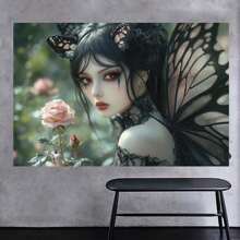 Framed Enchanting Fairy Wall Art, Black Wings, Red Eyes, Single Rose Feature, Dark Fairytale Aesthetic, Dreamy Canvas Decor, Unique Style - Frame - View 2
