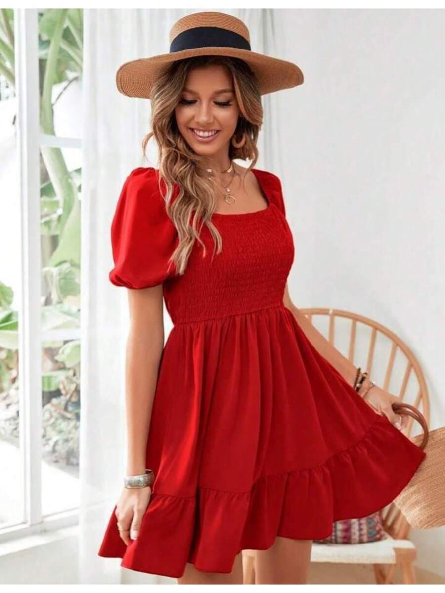 Short Peasant Dress With Short Sleeves - Red - View 1