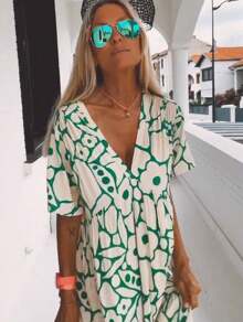 Vestido largo con cuello en V y estampado floral - Estilo bohemio chic effortless