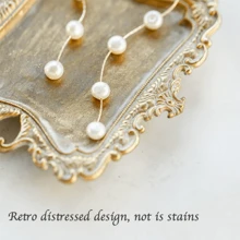 复古金色小珠宝托盘乡村风戒指盘仿古耳环项链黄铜托盘可爱饰品盘家居装饰礼品迷你装饰婚礼小珠宝展示架托盘女士返校礼物 - 彩色 - 查看 4