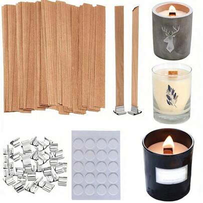 60/120/300pcs Smokeless Wood Candle Kit - Wood Core Flame - Flammable, Natural Candle Core. (60pcs=20pcs Smokeless Wood Candle Wick, 20pcs Metal Bracket, And 20pcs Adhesive Dots), Used For DIY Paraffin Candle Jar Making Candle Supplies Gifts Birthday Graduation