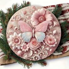 1 件金属墙饰，8 英寸圆形，粉色蝴蝶和花卉图案，易于清洁的装饰，送给妈妈和朋友的理想礼物，适合家庭、办公室、花园和咖啡馆，顶部、底部、左侧或右侧的孔位置随机 - 彩色 - 查看 4